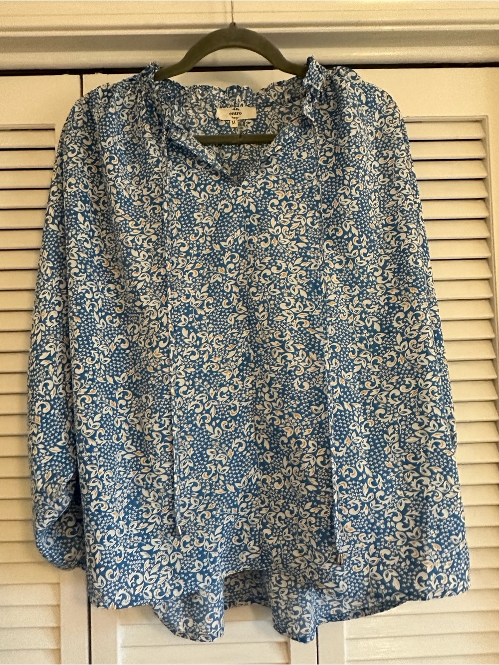 Entro Blue White & Yellow Floral Peasant Blouse